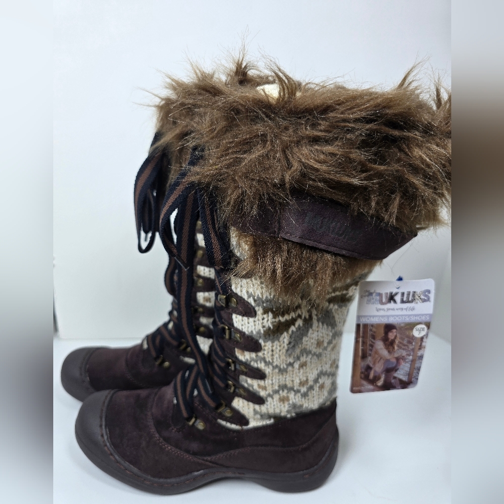 Muk Luks Faux Sherpa Knit Winter Boots Brown Waterproof Sz 7 NWT - Picture 2 of 9